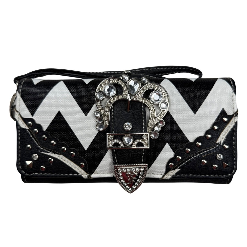Y2K Western Black White Chevron Rhinestone Buckle Studded Wristlet Wallet